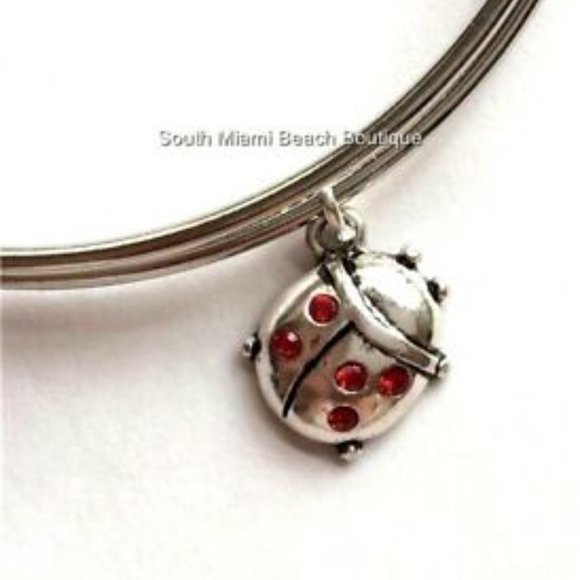 Crystal Ladybug Charm Bracelet Lady Bug Red Crystal Insect Silver Plated Bangle - Picture 2 of 8